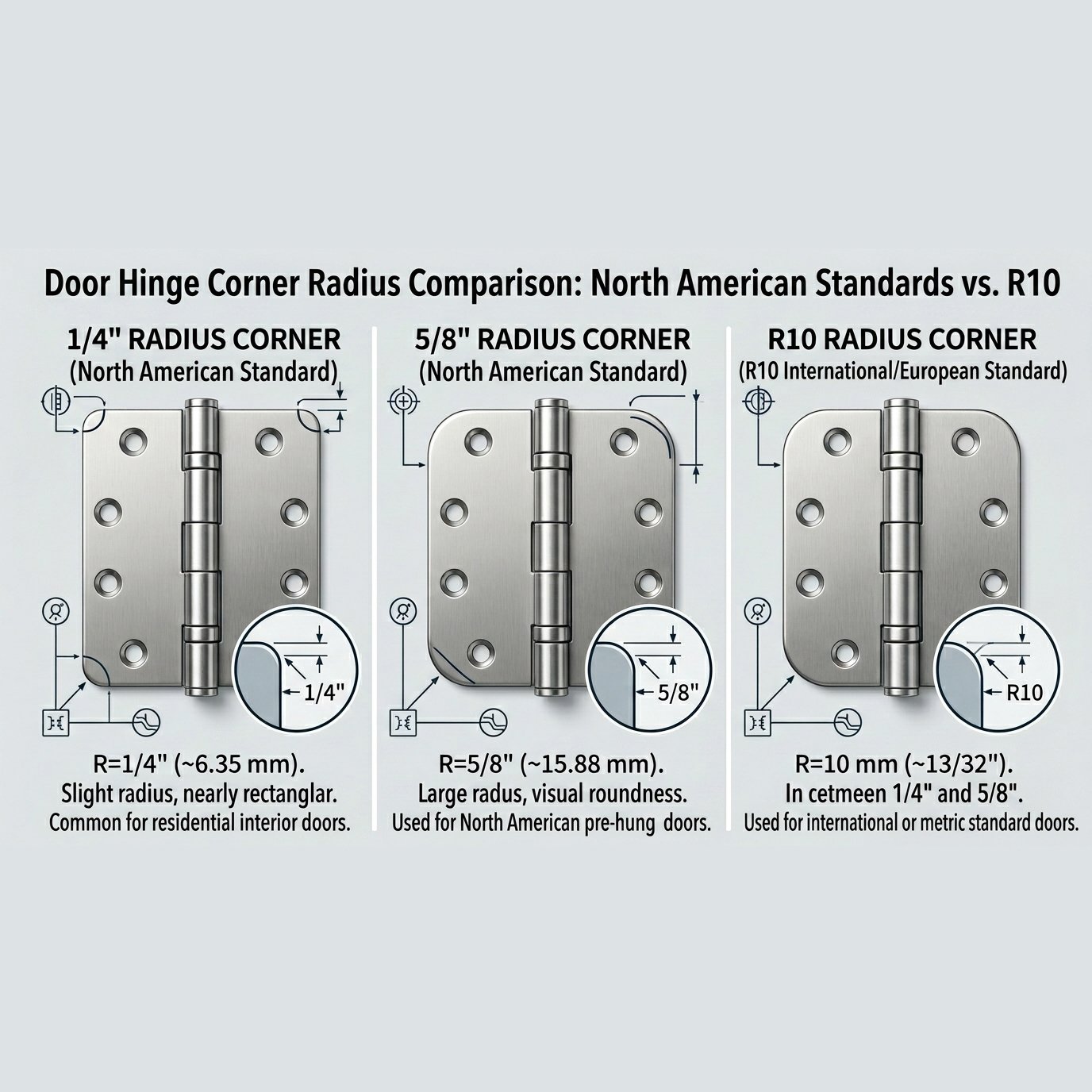 Common round corner hinge radius options door hinge corner radius options including 1/4 inch 5/8 inch and R10
