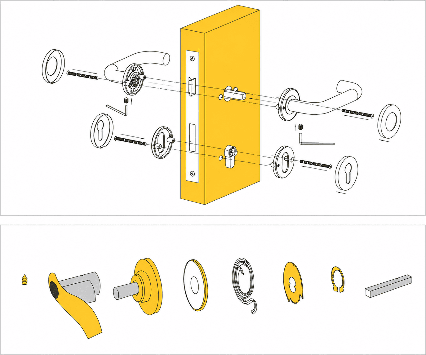 door handle internal parts including spindle spring washer and circlip
